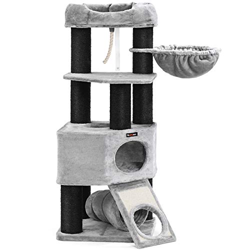 Feandrea Cat Tree Large Cat Tower With Fluffy Plush Perch Cat Condo With Basket Lounger And Cuddle Cave Extra Thick Posts Completely Wrapped In Black Sisal Light Grey Upct02w Cats Luv